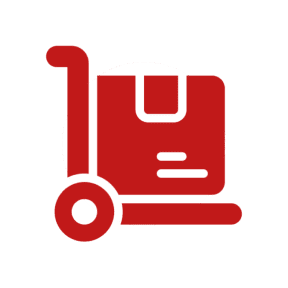 Red hand truck with package icon.
